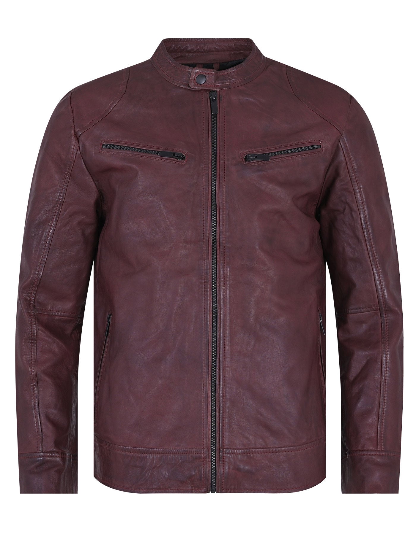 Furioc Maroon Plain Leather Biker Jacket